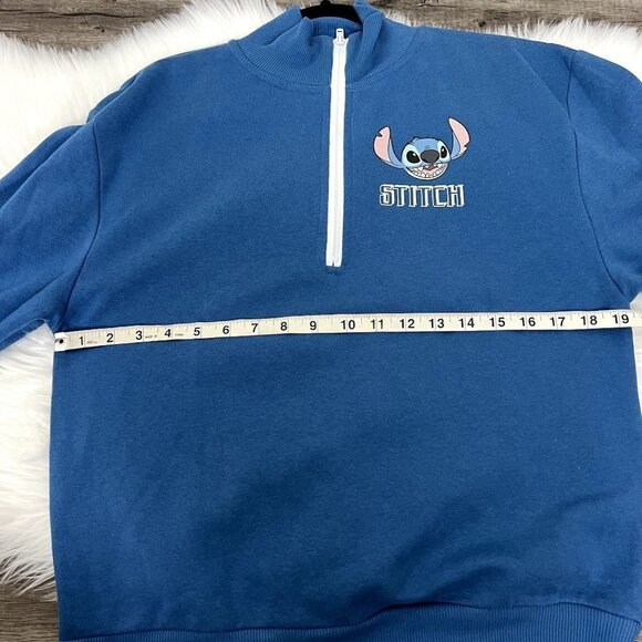 Disney Stitch Womens Medium Blue Quarter Zip Graphic Pullover Sweatshirt Ohana - Picture 6 of 7